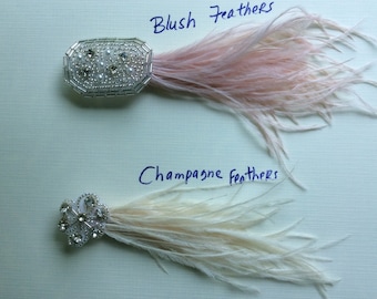 Ostrich Feather Hair Clip: Pearl Rhinestone, 1920s Bridal Fascinator