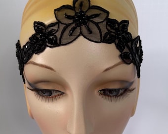 Black French Lace Beaded Headband: Goth Wedding Hair Accessory
