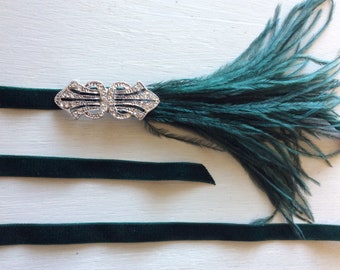 Art Deco Silver Swarovski Feather Headband, Customizable Ostrich Feathers, Velvet Ribbon (1920s Style)