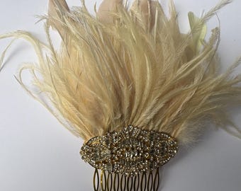 Gold Art deco hair comb, Champagne Feathers, Hair clip, Rhinestone Bridal Headpiece, 1920s Style