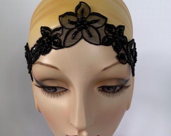 Black Beaded French Lace Headband: Bridal Goth Hair Accessory