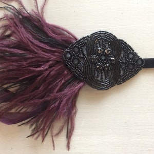 Plum Fascinator headband dark plum black feather headpiece, Great Gatsby 1920s black hair accessory, beaded burlesque Art Deco Downton Abbey