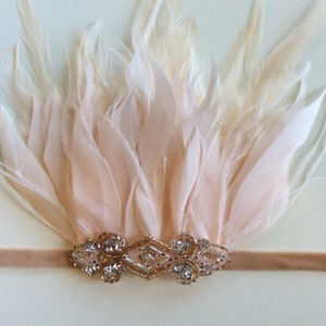 1920s Great Gatsby Headpiece with Blush Feathers, Great Gatsby Headband, Art Deco Flapper Hair Piece Champagne Beaded Fascinator, Pink dress