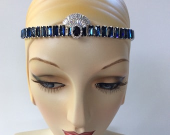 BLUE Art Deco Crystal Headband: 1920s Flapper Forehead Piece
