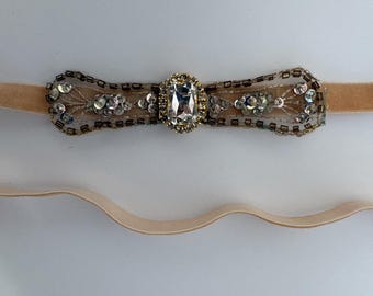 1920s Beaded Headpiece: Vintage Gatsby Flapper Headband with Velvet Ribbon