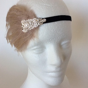 Beige feather headband, silver Art Deco headpiece, Great Gatsby headband, flapper style fascinator, 1930s silver beige feather authentic
