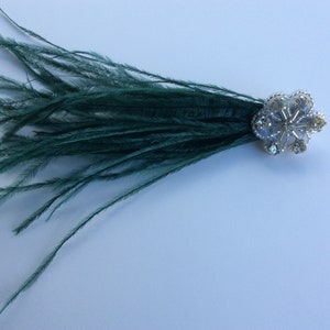 May include: A decorative accessory featuring a cluster of long, dark forest green ostrich feathers attached to a circular silver-toned brooch. The brooch is adorned with a central arrangement of clear, faceted crystals in a floral-like pattern.