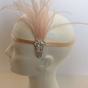 Blush 1920s headband, Silver Art Deco headpiece rhinestone headband, flapper style fascinator, 1930s silver headband, great gatsby ostrich