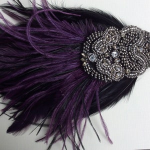 Plum Great Gatsby headband, purple eggplant feather fascinator, gray beaded and rhinestone crystals headpiece, Art Deco 1920s hair piece