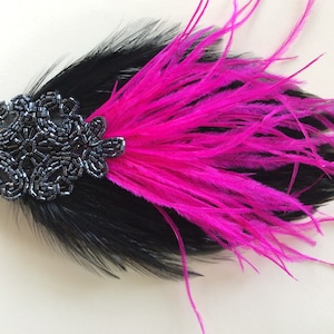 Hot Pink Great Gatsby headband, Fuschia Ostrich Feathers fascinator, 1920s Dark Gray Pewter beaded headpiece, Purple, Red, Feathers Black