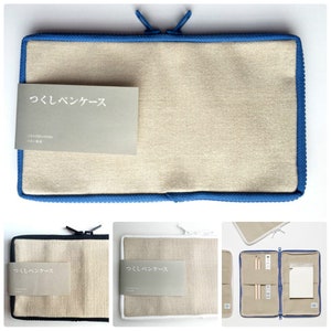Tsukushi Linen Canvas Pen Case / Pouch 200x115x10mm 3 colors ( Blue or Black or White ) / from Japan Gift New