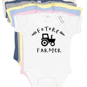 Future Farmer Baby Bodysuit: Farm Tractor Graphic, Multiple Colors