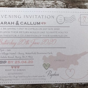 Destination themed - 'Postcard' Invitations in Pearlised Card with or without RSVP's. Perfect for receptions back home image 7
