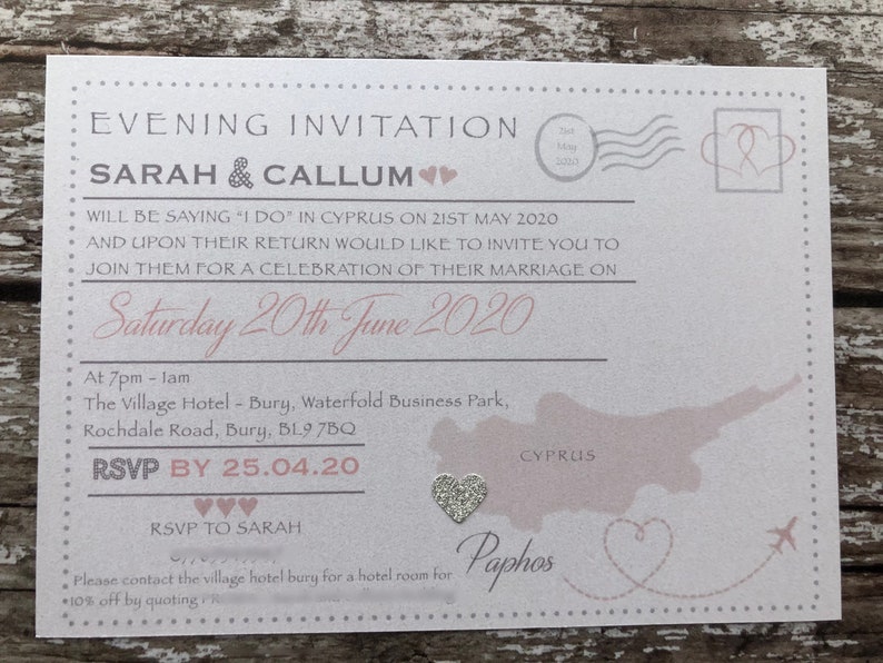 Destination themed - 'Postcard' Invitations in Pearlised Card with or without RSVP's. Perfect for receptions back home image 7