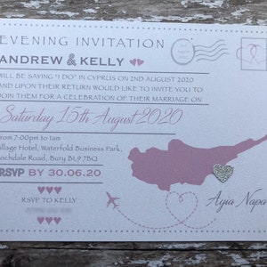 Destination themed - 'Postcard' Invitations in Pearlised Card with or without RSVP's. Perfect for receptions back home image 1