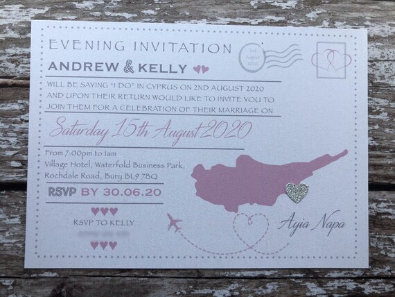 Destination themed - 'Postcard' Invitations in Pearlised Card with or without RSVP's. Perfect for receptions back home