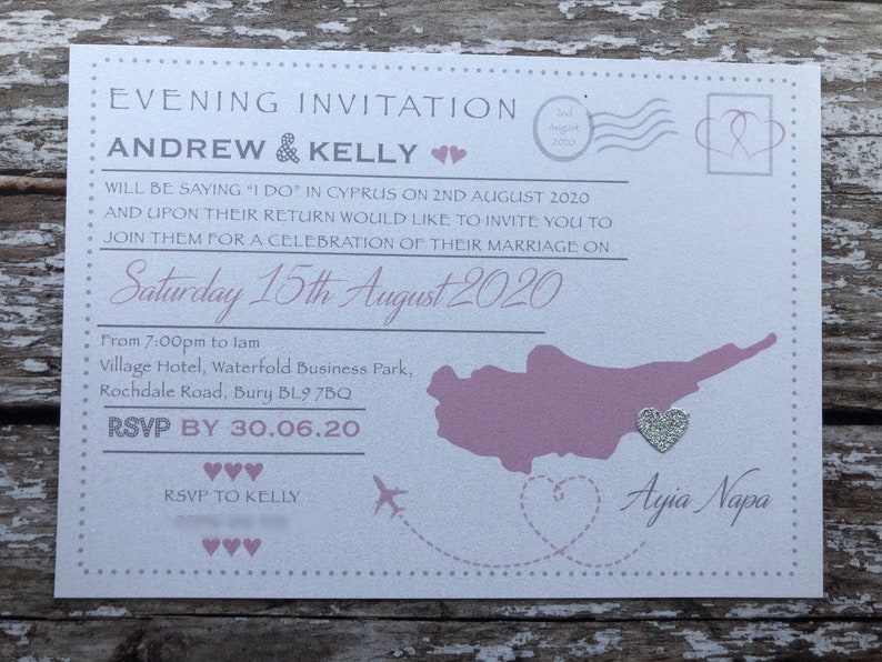 Destination themed - 'Postcard' Invitations in Pearlised Card with or without RSVP's. Perfect for receptions back home image 1