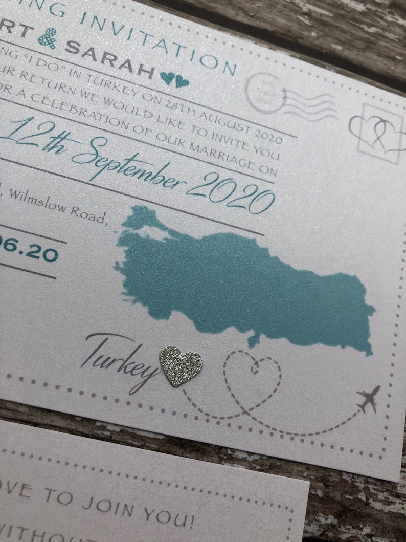 Destination themed - 'Postcard' Invitations in Pearlised Card with or without RSVP's. Perfect for receptions back home image 4