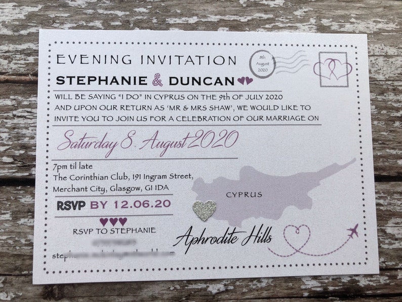 Destination themed - 'Postcard' Invitations in Pearlised Card with or without RSVP's. Perfect for receptions back home image 6