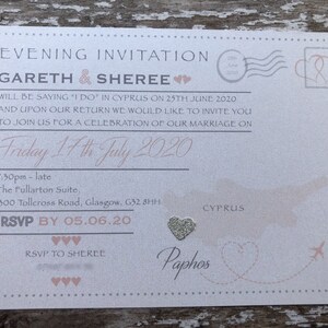 Destination themed - 'Postcard' Invitations in Pearlised Card with or without RSVP's. Perfect for receptions back home image 5