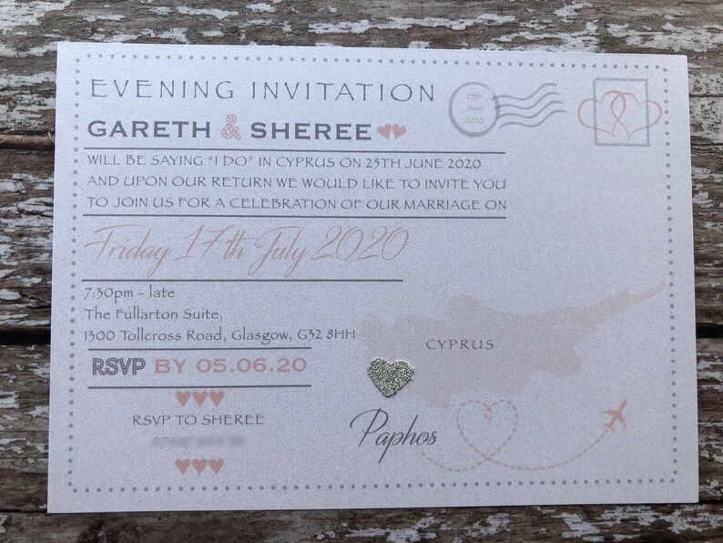 Destination themed - 'Postcard' Invitations in Pearlised Card with or without RSVP's. Perfect for receptions back home image 5