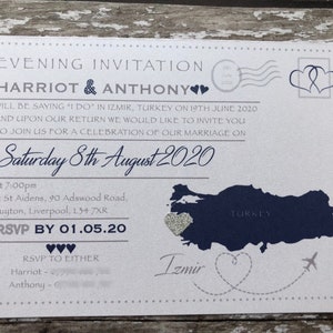 Destination themed - 'Postcard' Invitations in Pearlised Card with or without RSVP's. Perfect for receptions back home image 8