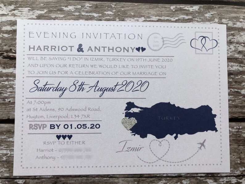 Destination themed - 'Postcard' Invitations in Pearlised Card with or without RSVP's. Perfect for receptions back home image 8