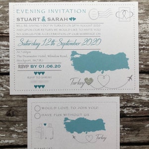Destination themed - 'Postcard' Invitations in Pearlised Card with or without RSVP's. Perfect for receptions back home image 2