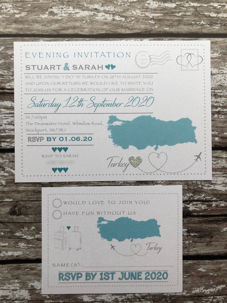 Destination themed - 'Postcard' Invitations in Pearlised Card with or without RSVP's. Perfect for receptions back home image 2