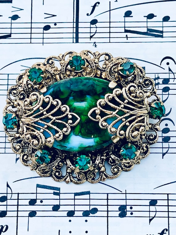 Broche Vintage Ancienne En Verre Rouge Et Rose - Occasion - Bijou Ancien