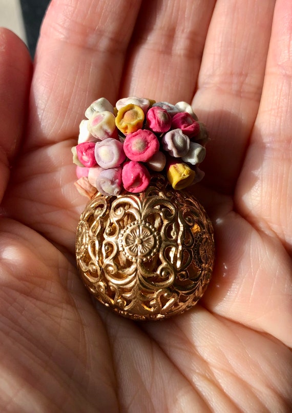Broche Ancienne Micro Mosaïque - Bouquet De Fleurs, Style Murano - Vintage