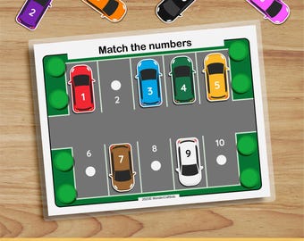 Juego imprimible de emparejamiento de números en un estacionamiento, actividad preescolar (PDF)