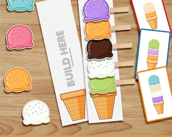 Actividad de construcción de helados, juego de asociación de patrones para preescolares (descarga digital)