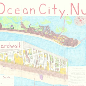 Ocean City, NJ : carte dessinée à la main (24 x 36 po.)