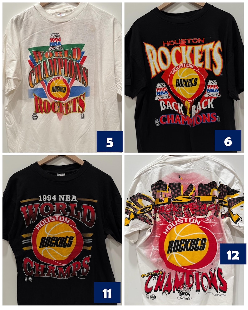 May include: Four different t-shirts featuring the Houston Rockets logo and the text "World Champions". The shirts are black and white with red, yellow, and blue accents. The shirts are all from the 1994 and 1995 NBA seasons.