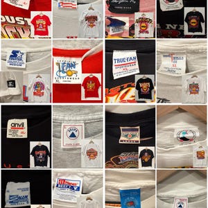 May include: A collage of 16 different t-shirts featuring various designs and logos. The t-shirts are all in various colors, including white, black, red, grey, and blue. Some of the logos include "America's Favorites", "True-Fan Sportswear", "Salem", "Hanes Beefy-T", and "Ritz".