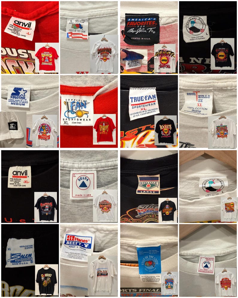 May include: A collage of 16 different t-shirts featuring various designs and logos. The t-shirts are all in various colors, including white, black, red, grey, and blue. Some of the logos include "America's Favorites", "True-Fan Sportswear", "Salem", "Hanes Beefy-T", and "Ritz".