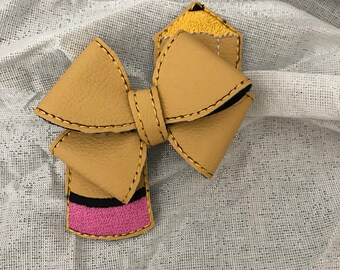 Pear Bear Hand Embroidered Hair Bow Mustard Yellow
