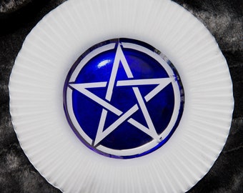 Pentacle Scrying Plate for Altar - Cobalt Blue with Etched Pentacle