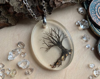 Sleeping Tree resin necklace - large oval - metallic gold dust - botanical gift