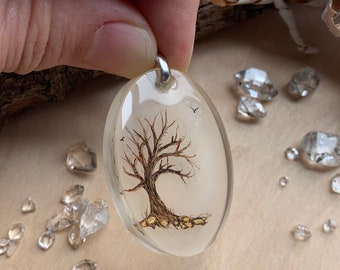 Sleeping Tree resin necklace - large oval - metallic gold dust - botanical gift