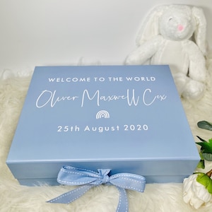 May include: A light blue gift box with a white ribbon and bow. The box has the text "Welcome to the world Oliver Maxwell Cox 25th August 2020" printed on the top.