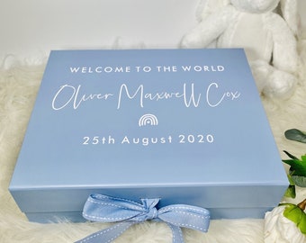 Puede incluir: Una caja de regalo azul claro con una cinta y un lazo blancos. La caja tiene el texto "Welcome to the world Oliver Maxwell Cox 25th August 2020" impreso en la parte superior.
