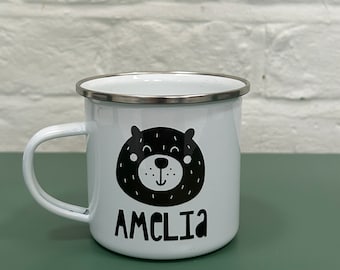 Personalised Cute Bear Enamel Mug, Gifts for Children, Black and White Cup