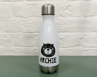 Personalised Cute Bear Bowling Water Bottle, Stainless Steel Water Bottle, Gifts for Children, Black and White Bottle