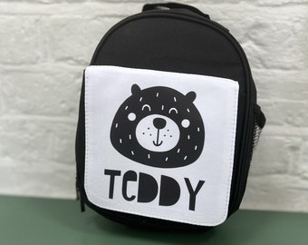Personalised Cute Bear Lunch Bag, Black and White Lunch Bag, Lunch Box. School Bag, Nursery Bag