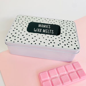 Personalised Spotty Storage Tin, Scandi Storage, Wax Melt Storage Tin, Personalised Wax Melts, Black and White Storage Tin, Personalised Tin