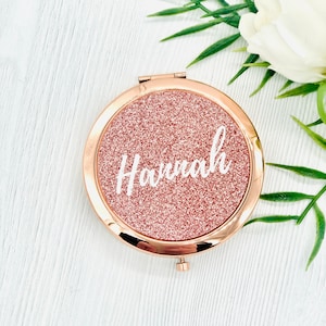 Personalised Rose Gold Glitter Effect Pocket Mirror, Rose Gold Compact Mirror, Stocking Filler, Secret Santa Gift, Birthday Gift for Her