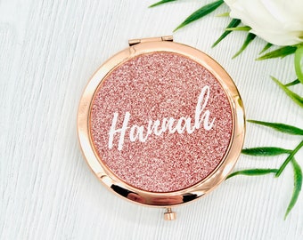 Personalised Rose Gold Glitter Effect Pocket Mirror, Rose Gold Compact Mirror, Stocking Filler, Secret Santa Gift, Birthday Gift for Her