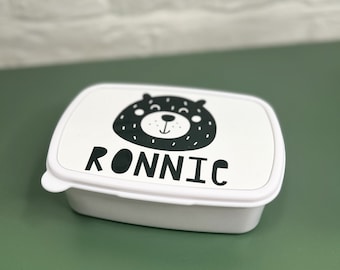 Personalised Cute Bear Lunchbox, School Lunch Box, Food Storage, Black and White, Plastic Lunchbox